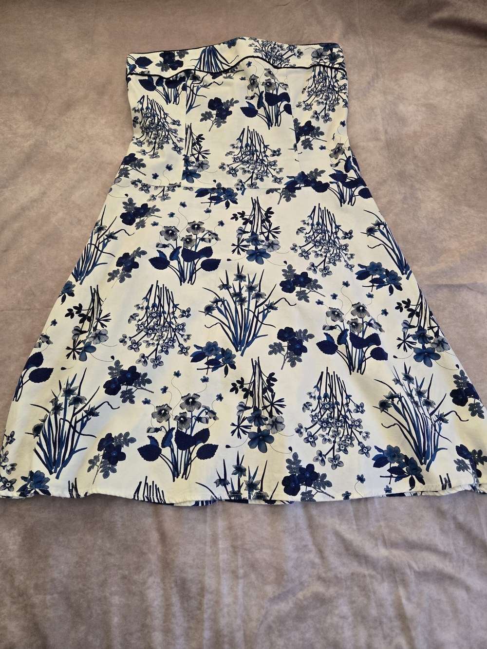 Teeze Me White Strapless Floral A-Line Dress with Blue Print